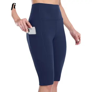 Anfilia Damen Yoga-Shorts, Joggen, Laufen, Radfahren, Fitness, Sportbekleidung, hohe Taille, mit Seitentaschen, sportliche Shorts, einfarbig