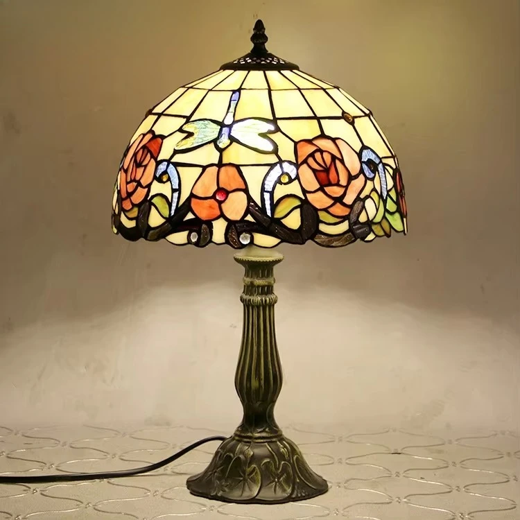Abajur de libélula rosa de vidro manchado de 12 polegadas estilo base de zinco, lâmpada de sala de leitura