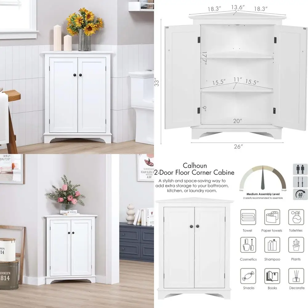 خزانة زاوية بيضاء مع أبواب وأرفف لتخزين الحمام وغرفة المعيشة