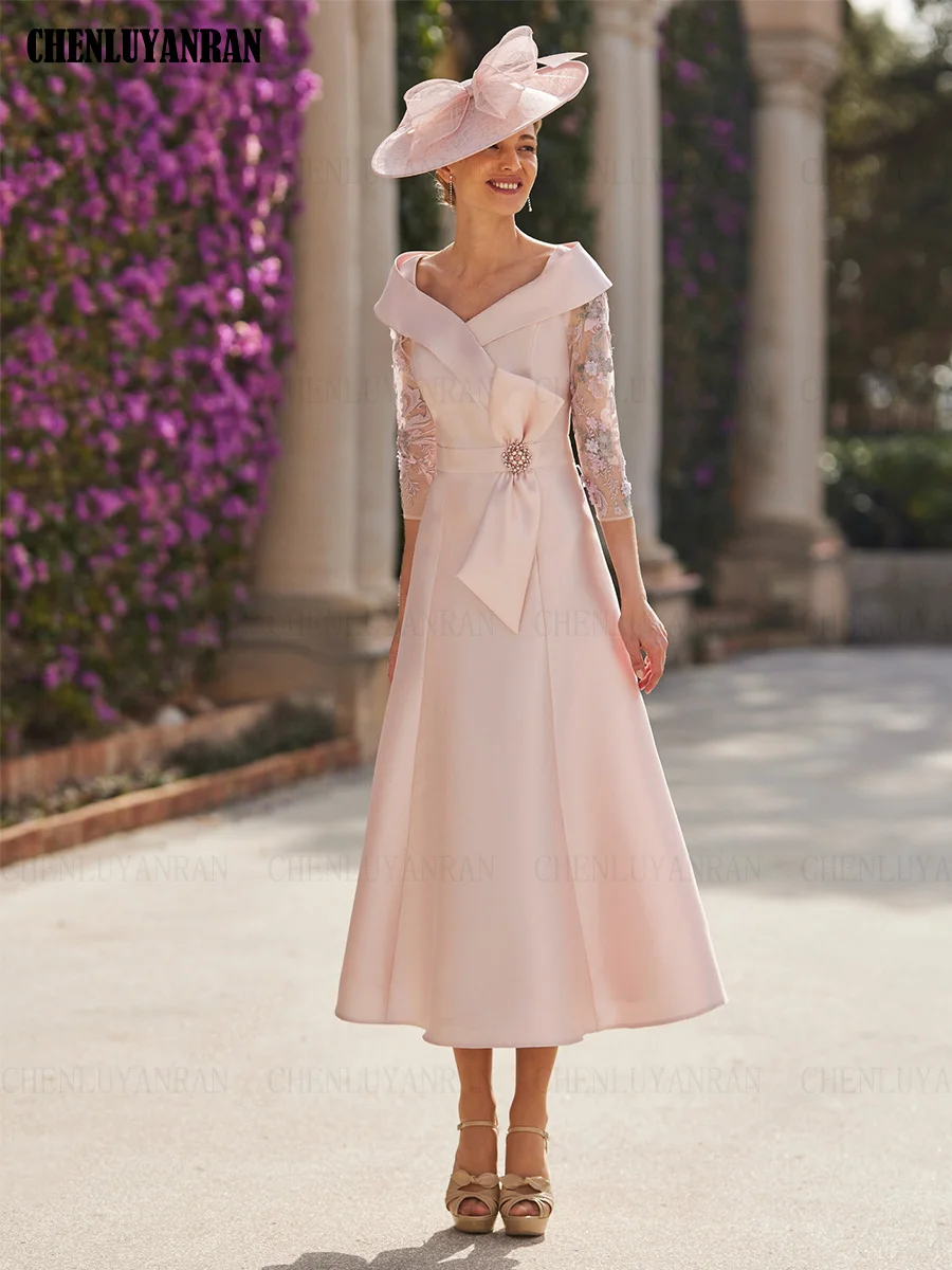 Customiz Exquisite Mother of the Bride Dresses A-Line V-neck Wedding Guest Gowns Satin Lace with Bow Beading Dress Women Wedding