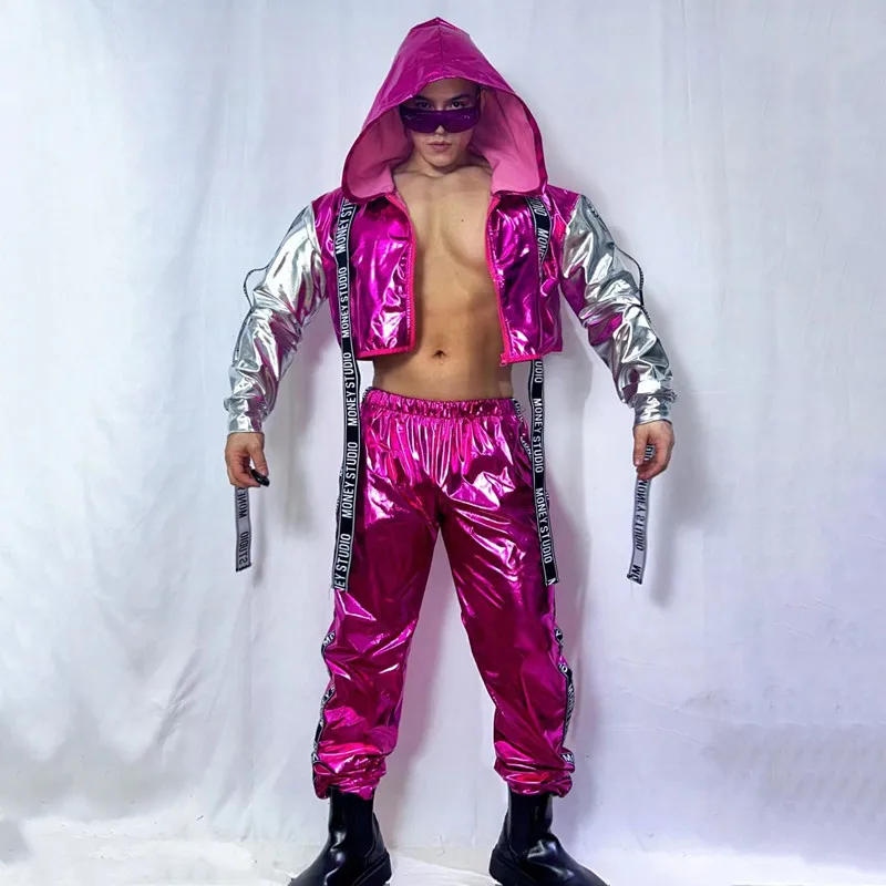 Men's Street Dance Costume Letter Bandage Leather Hooded Jacket Pants 2 Pieces Set Male Singer Group Hip Hop Jazz Rave Outfit