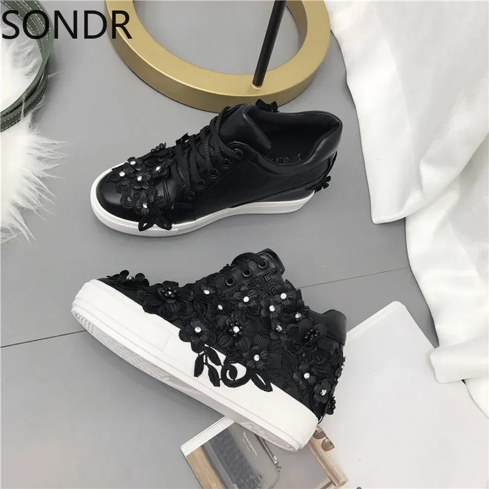 Womens PU Leather Rhinestones Lace Flowers Wedge Hidden High Heel Sneakers Shoes Lace Up Black White Girls New 2024