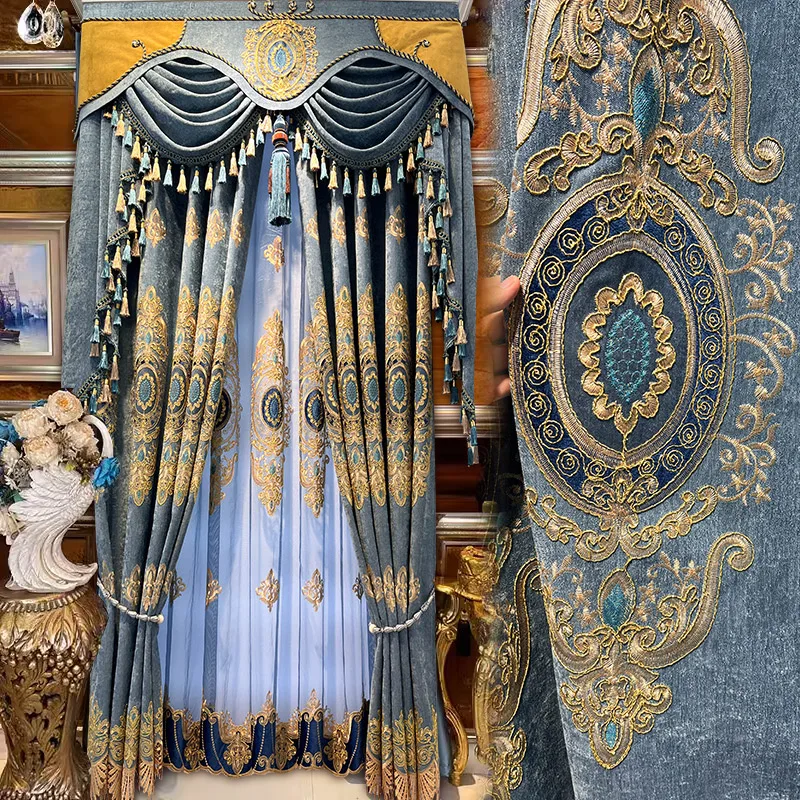 

Custom European embroidery luxury living room high-grade gray blue Chenille cloth blackout curtain tulle valance drape C1592