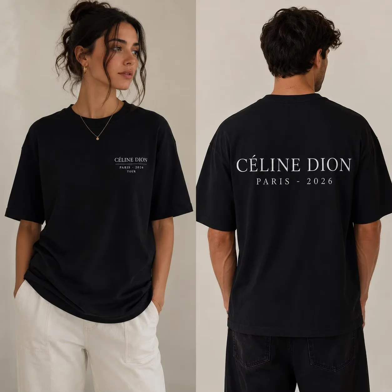 2026 New  Celine Dion Paris 2026 Tour Themed Tops Minimalist Double‑Sided Text Print Unisex Oversized Pop Music Fan TShirt