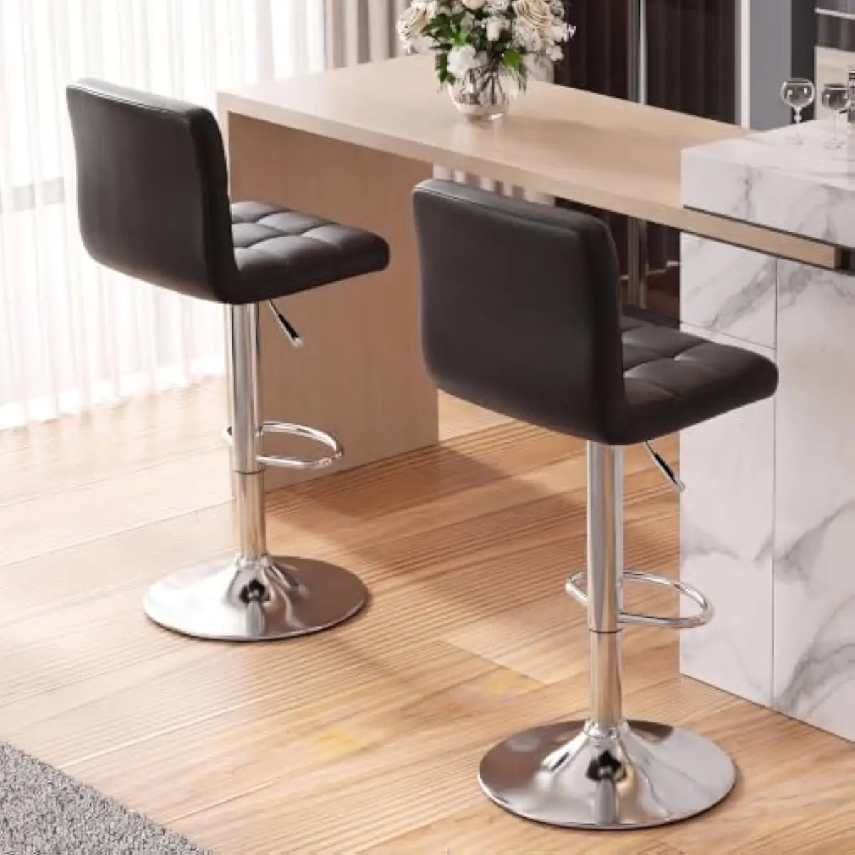 Modern minimalist bar stools crafted from premium PU leather with smooth swivel motion and precise hydraulic height adjustment i