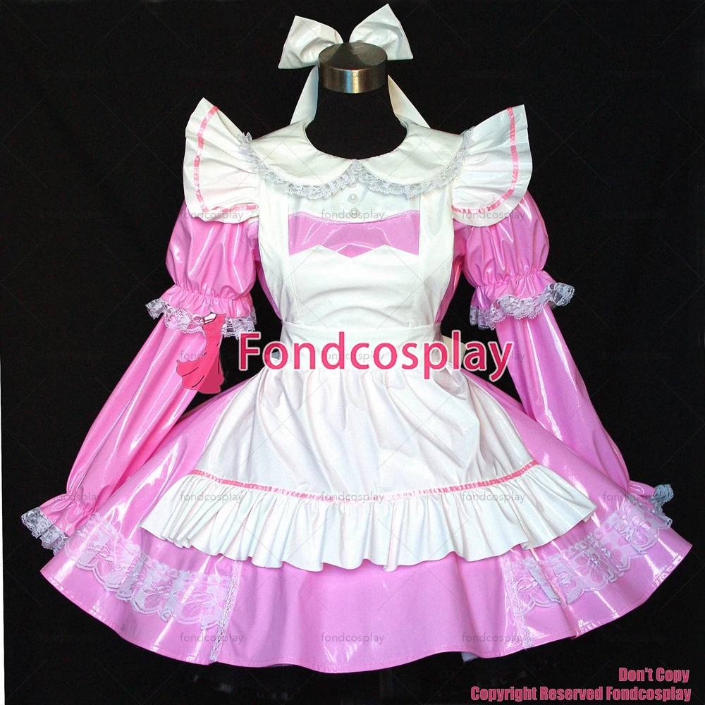 

fondcosplay adult sexy cross dressing sissy maid short thin PVC dress pink lockable Uniform cosplay costume Custom-made[G507]