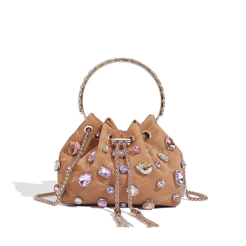New Rhinestone Tassel Bucket Bags for Women Luxury Diamonds Evening Bag Round Handle Handbags Drawstring Shoulder Crossbody Bag