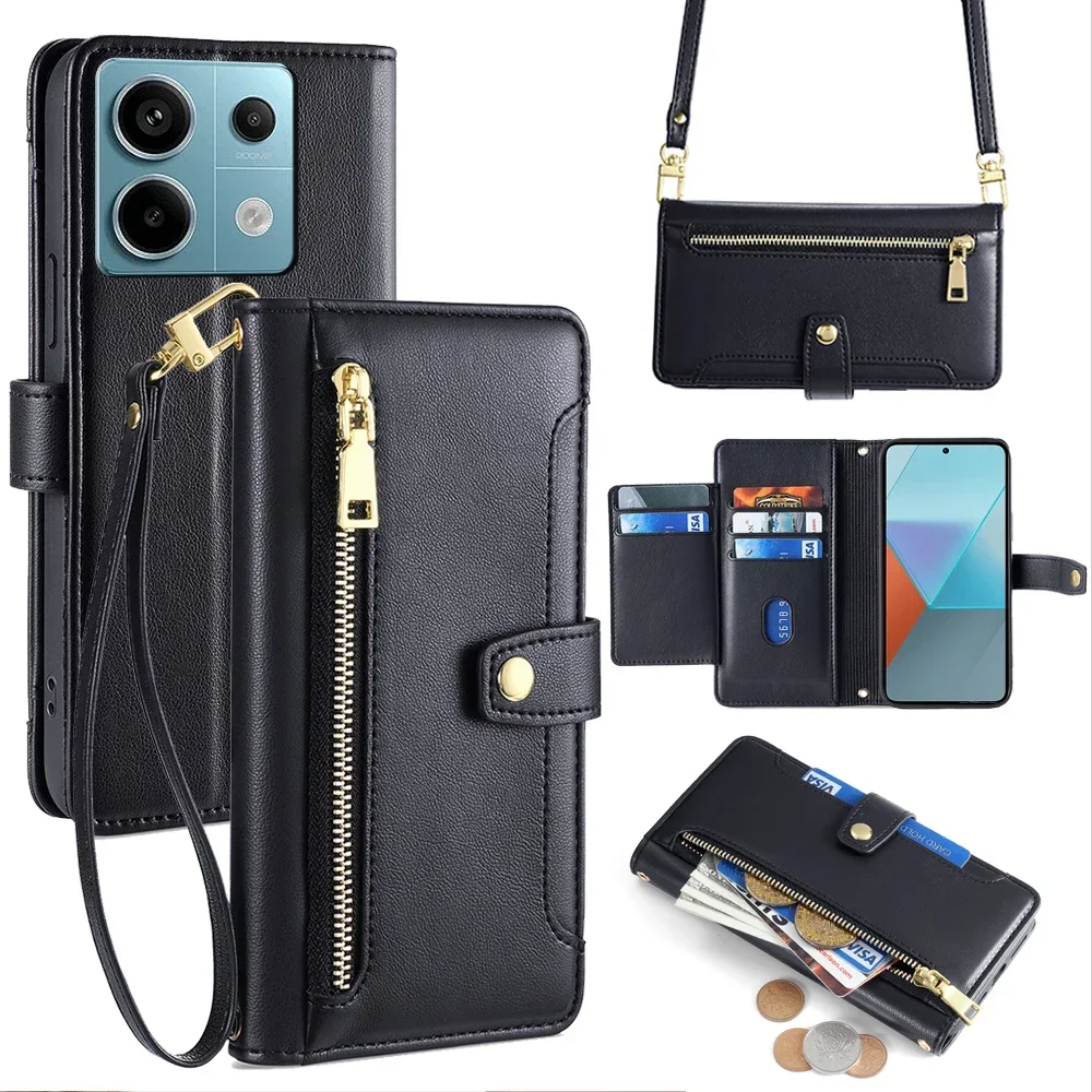 

Crossbody Case for Xiaomi Redmi Note 13 13R Pro Plus 13C 5G Poco X6 M6 Pro Zipper Wallet Flip Phone Case with Lanyard Card Slots