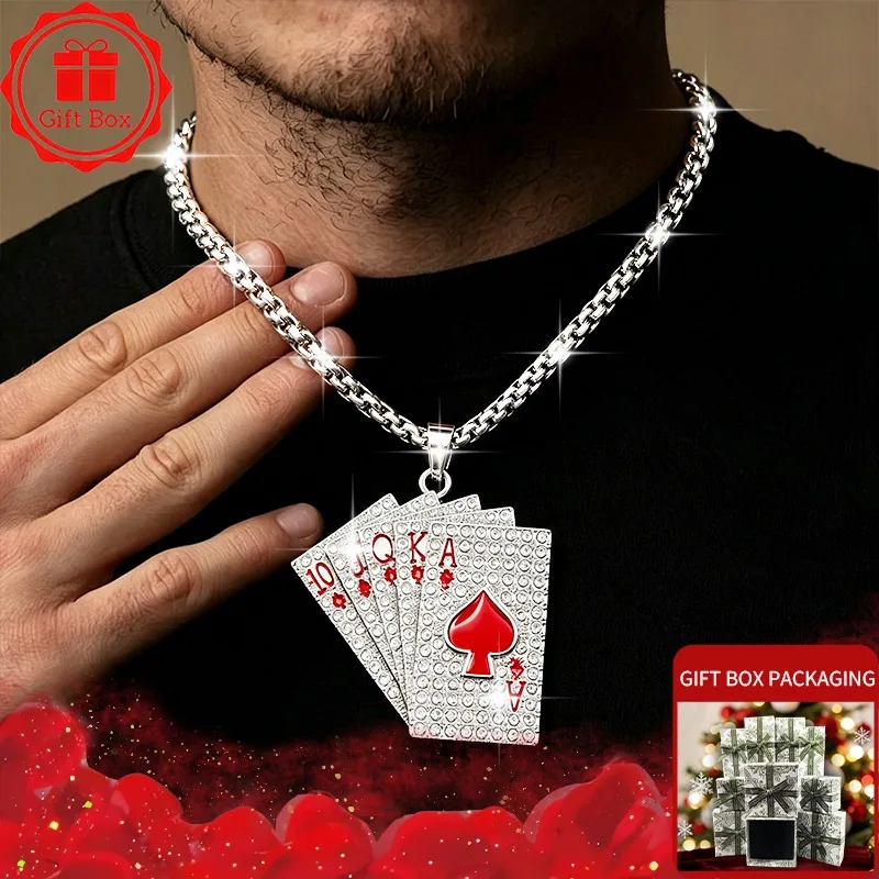 Iced Out Poker Pendant Necklace Men Women Stainless Steel Box Chain Rhinestone Royal Flush Playing Card Hip Hop Punk Jewelry