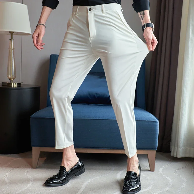 High Quality Summer Casual Business Suit Pants Mulberry Silk Elastic Ankle Length Office Social Dress Pants Wedding Trousers