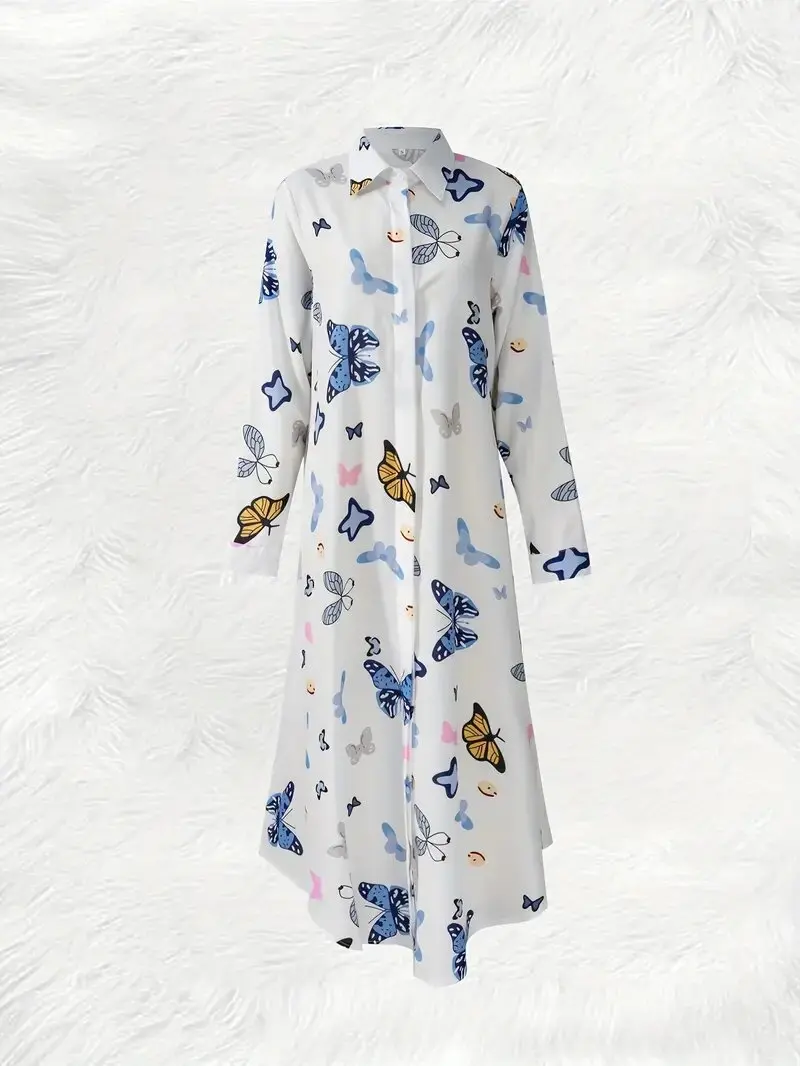 Summer Women Long sleeve Shirt Dress Butterfly Print Breathable Fabric Soft Smooth Women Fashion Dress 2024 Latest Fashion