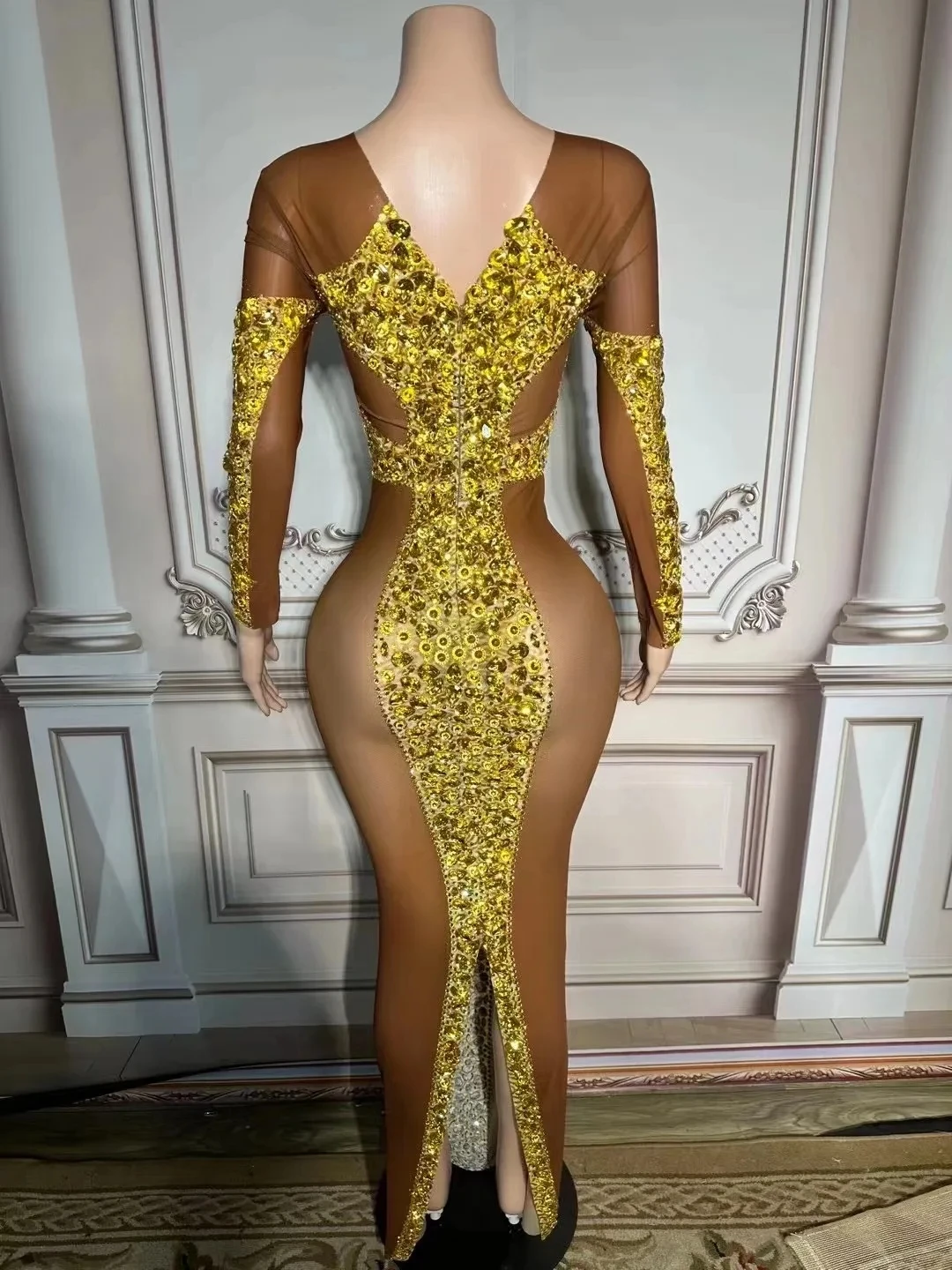 

Sparkly Gold Rhinestone Elasticfabric Long Dress Women Birthday Stage play Celebrate Dress DancerPartyShowDress