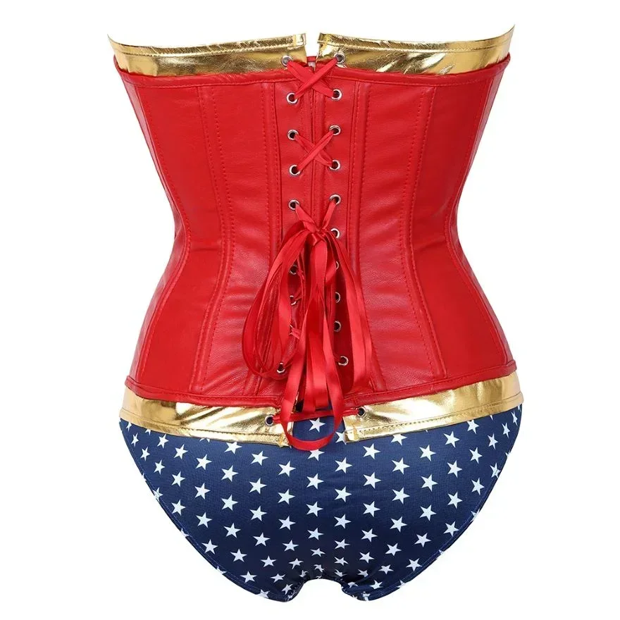 

Faux Leather Red Corset Top Pants Sexy Women’s Steampunk Gothic Lace Up Bustier Plus Size Halloween Super Hero Cosplay Costume