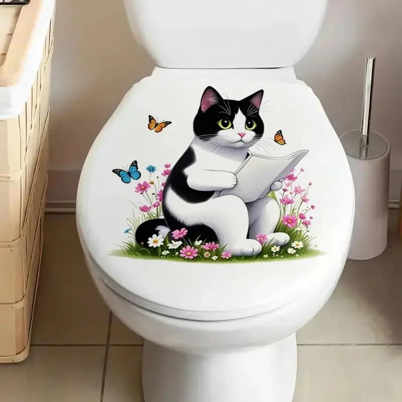 Creative Cute Kitten Butterfly Toilet Stickers Reading Newspaper Beautiful Bathroom Decorative Patterns Wall Decals AA513