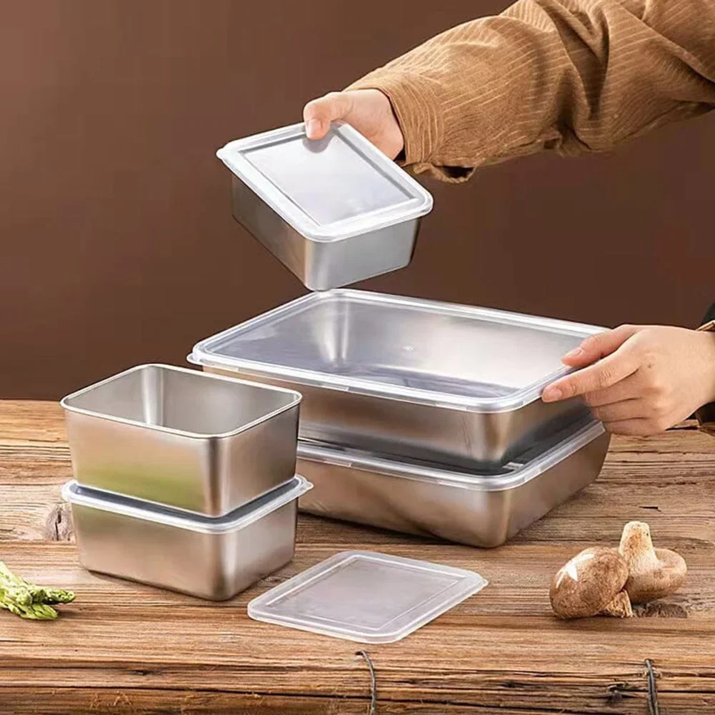 Stainless Steel Food Storage Serving Trays With Lid Rectangular Food Storage Pan Large Freshing Lunch Box Container For Kitchen