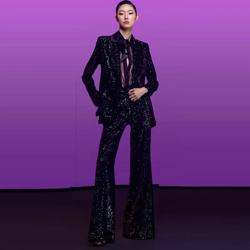 HIGH STREET 2026 Newest Designer Fashion Runway Black Women's Slim Fit Glitter Sequined Velvet Jacket Office Formal Blazer&Pants