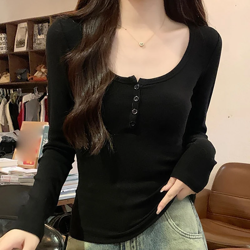 Crop T Shirt Women Slim Tops Autumn Cotton Long Sleeve Button T-Shirts Korean Style Womans Clothing Tee Shirt Femme Camisetas
