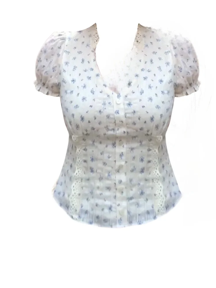 

Корейская женская блузка больших размеров с цветочным кружевом и вставками, весенняя новинка, красивый уникальный топ с V-образным вырезом и короткими рукавами-фонариками