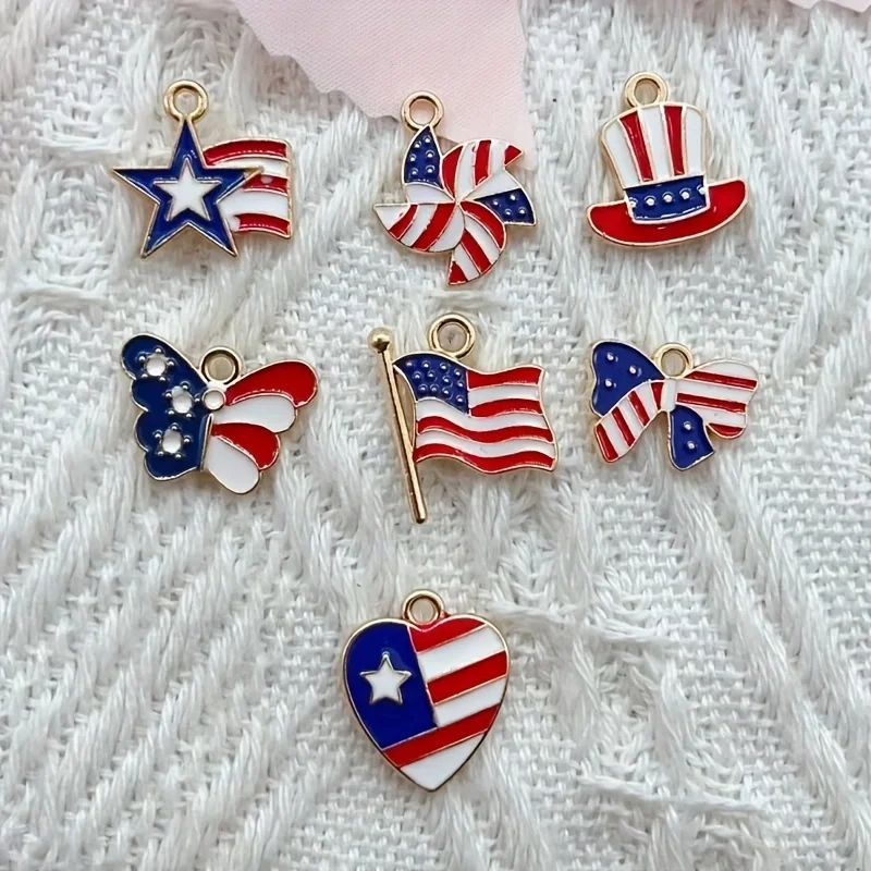 12pcs Mixed Drip Oil Heart shaped Star American Flag Pendant Independence Day Collection Charm DIY Necklace Jewelry Accessories