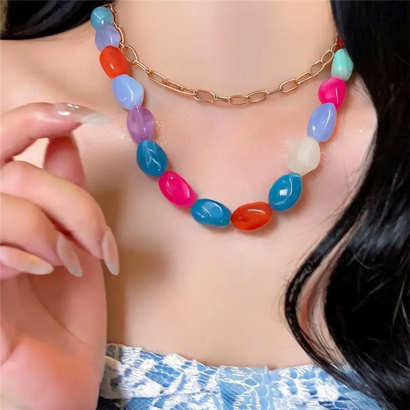 (2pcs)Acrylic Bead Round Necklace Vacation Island Style Fashionable and Simple Collarbone Chain Luxury Designer Jewelry