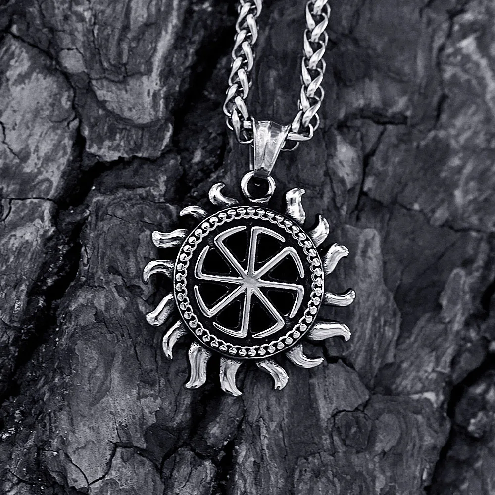 FIREBROS Never Fade 316L Stainless Steel Kolovrat Sun God Pendant Slavic Pagan Necklace Women Men Vintage Retro Punk Jewelry