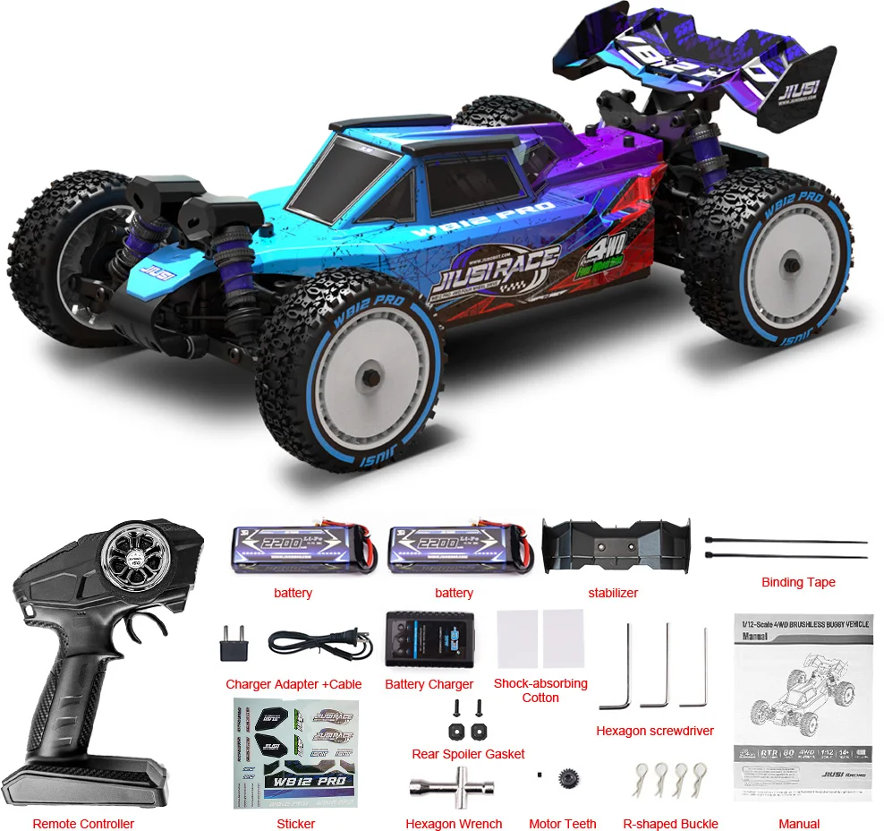JIUSI WB12 PRO 1/12 Bugey 3S Triple Elektrische RC Auto 80km/u Borstelloze 4WD 2.4G Afstandsbediening Hoge Snelheid Off-road Raceauto 3S 35C 2200mAh Batterij