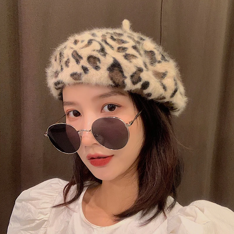 autumn Winter Women Fuzzy Leopard Berets Warm Rabbit fur beret Fashion Walking Cap