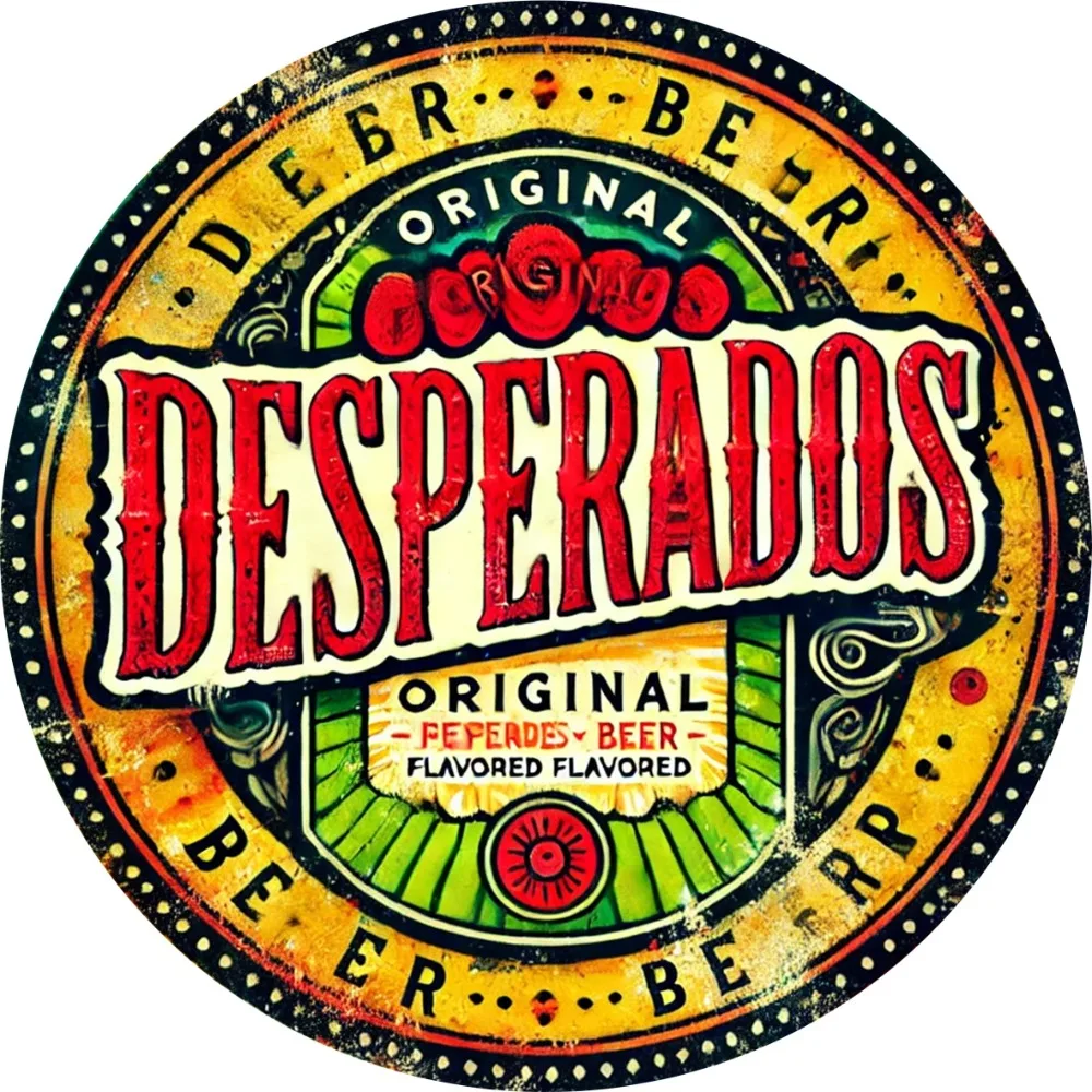 لافتة معدنية مسطحة عتيقة من Desperados للبيرة - لوحة فنية جدارية مستديرة من الألومنيوم مقاس 8 × 8 بوصة، تصميم زهور نابضة بالحياة للمنزل البار