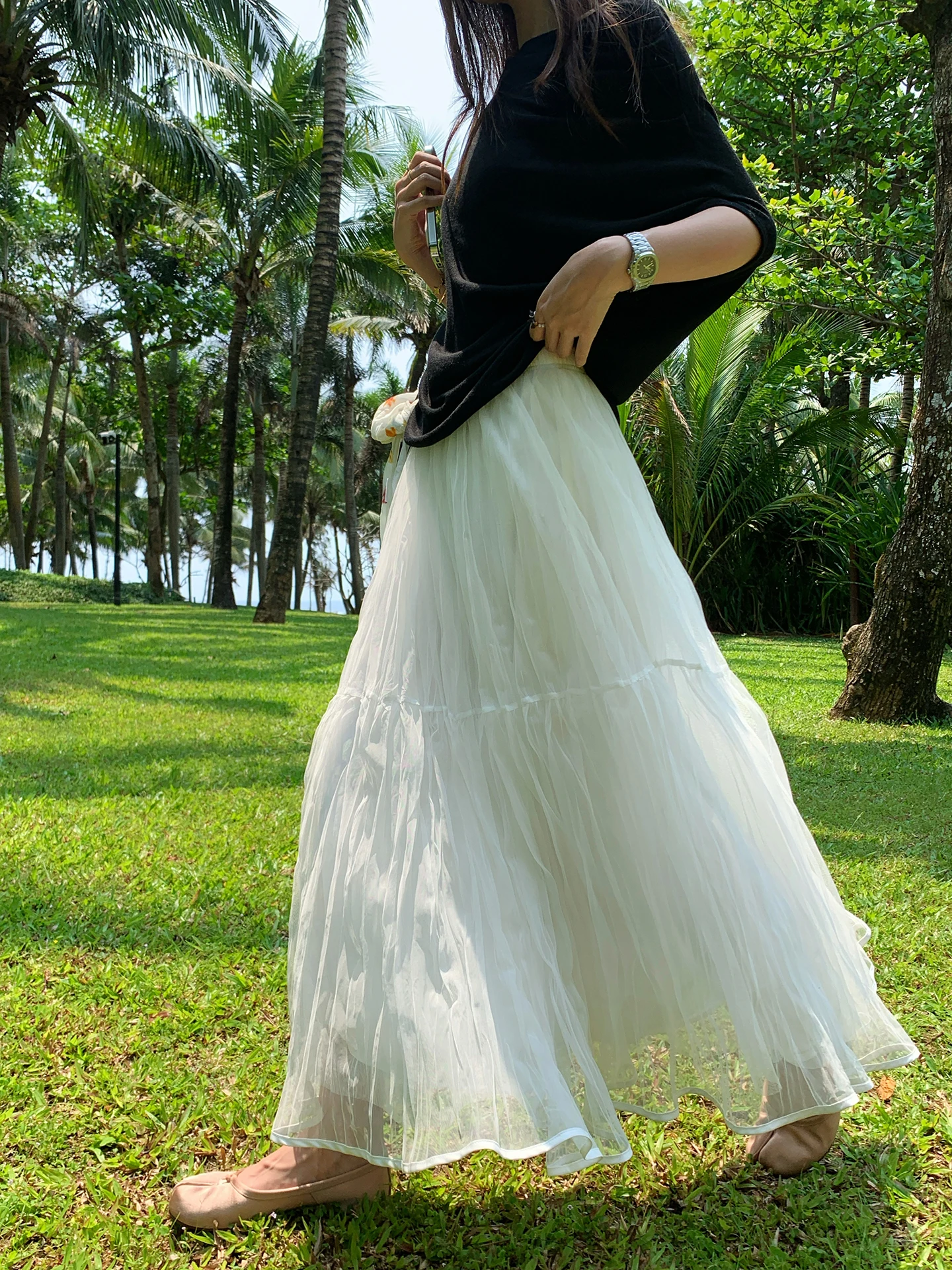 

Юбка EKOOL с высокой талией, А-силуэт, средней длины, летняя, свободного кроя, стройнящая, из тюля, в корейском стиле, приятная к телу, дышащая, из полиэстера