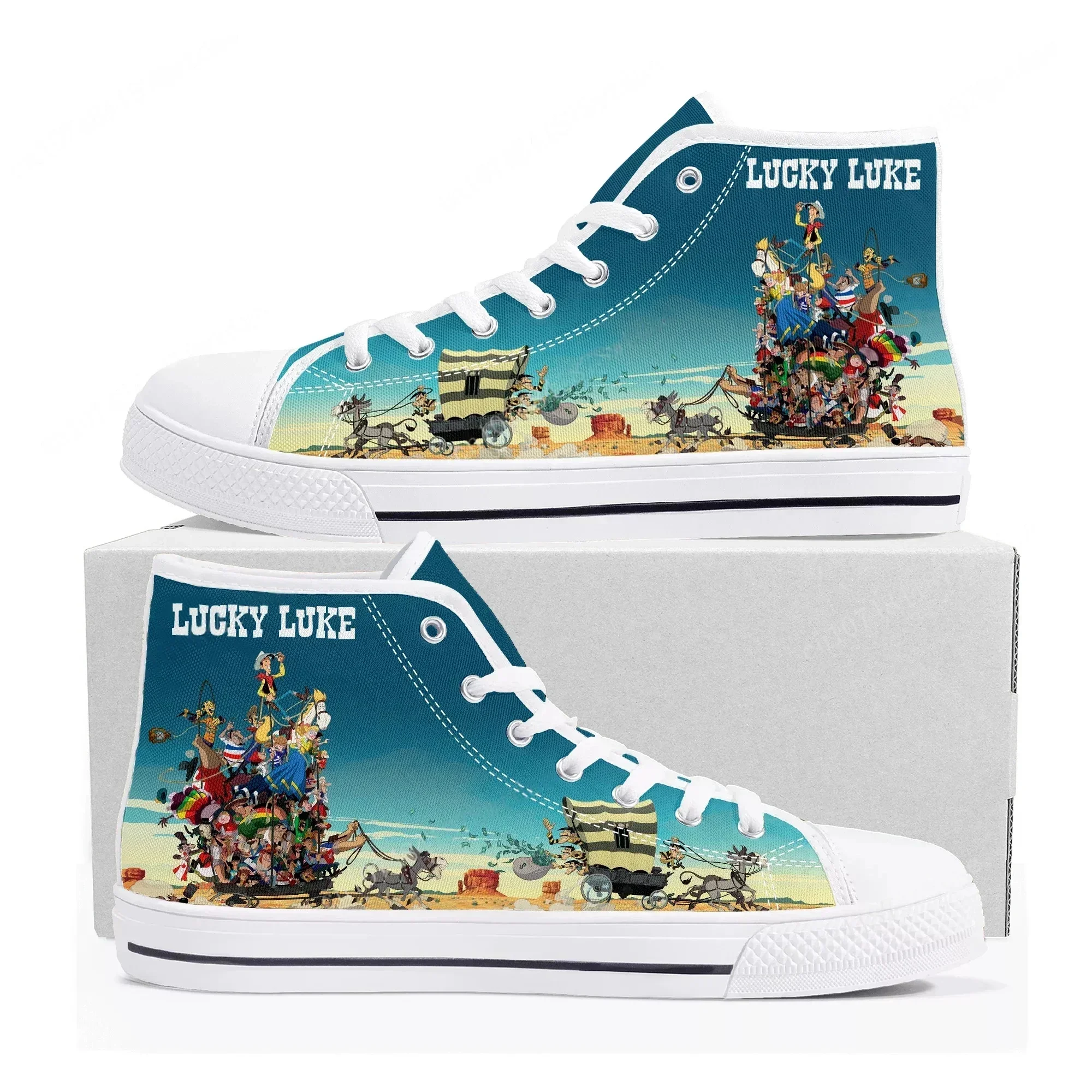 Lucky Luke High Top Sneakers Mens Womens Teenager Cowboy High Quality Canvas Sneaker Comics Manga Cartoon Couple Customized Shoe