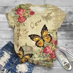 Summer Vintage Butterfly 3D Print T-shirts Women Streetwear Casual Fashion Y2k Short Sleeve T Shirt O-neck Tees Tops Odzież