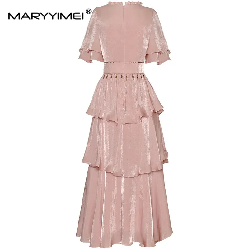 MARYYIMEI Women\'s Vintage Solid Color Dress Butterfly sleeve Tiered Ruffles Beading Crystal Elegant Evening Dresses