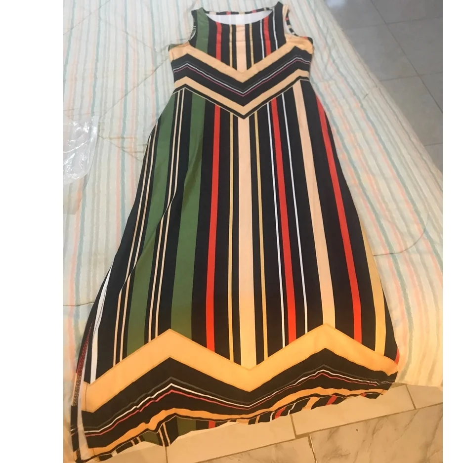 Fashion Geometric Striped Colorful Side Print Slit Sexy Maxi Dress Female Colorblock Sleeveless Long Dresses Slim