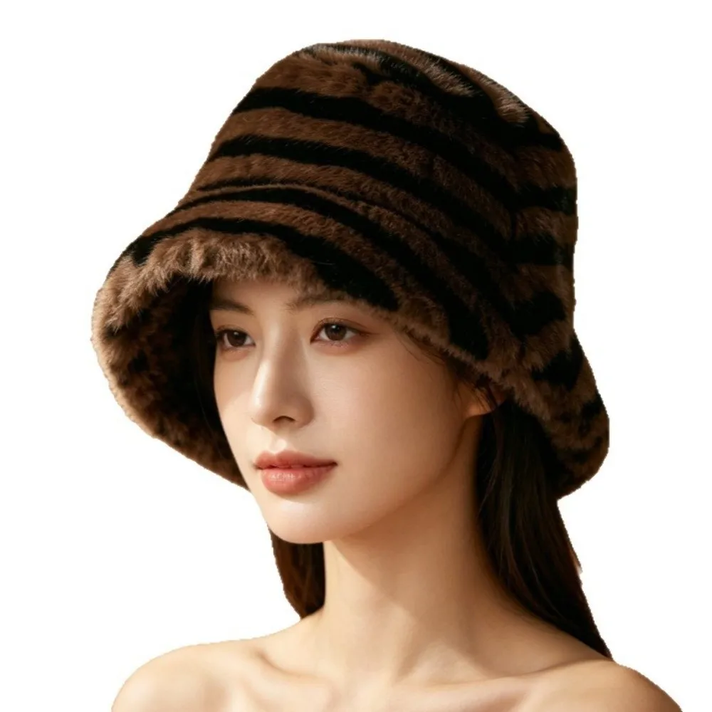 New Zebra Pattern Winter Bucket Hat Fluffy Ear Protection Striped Fisherman Hat Faux Fur Thickened Basin Hat