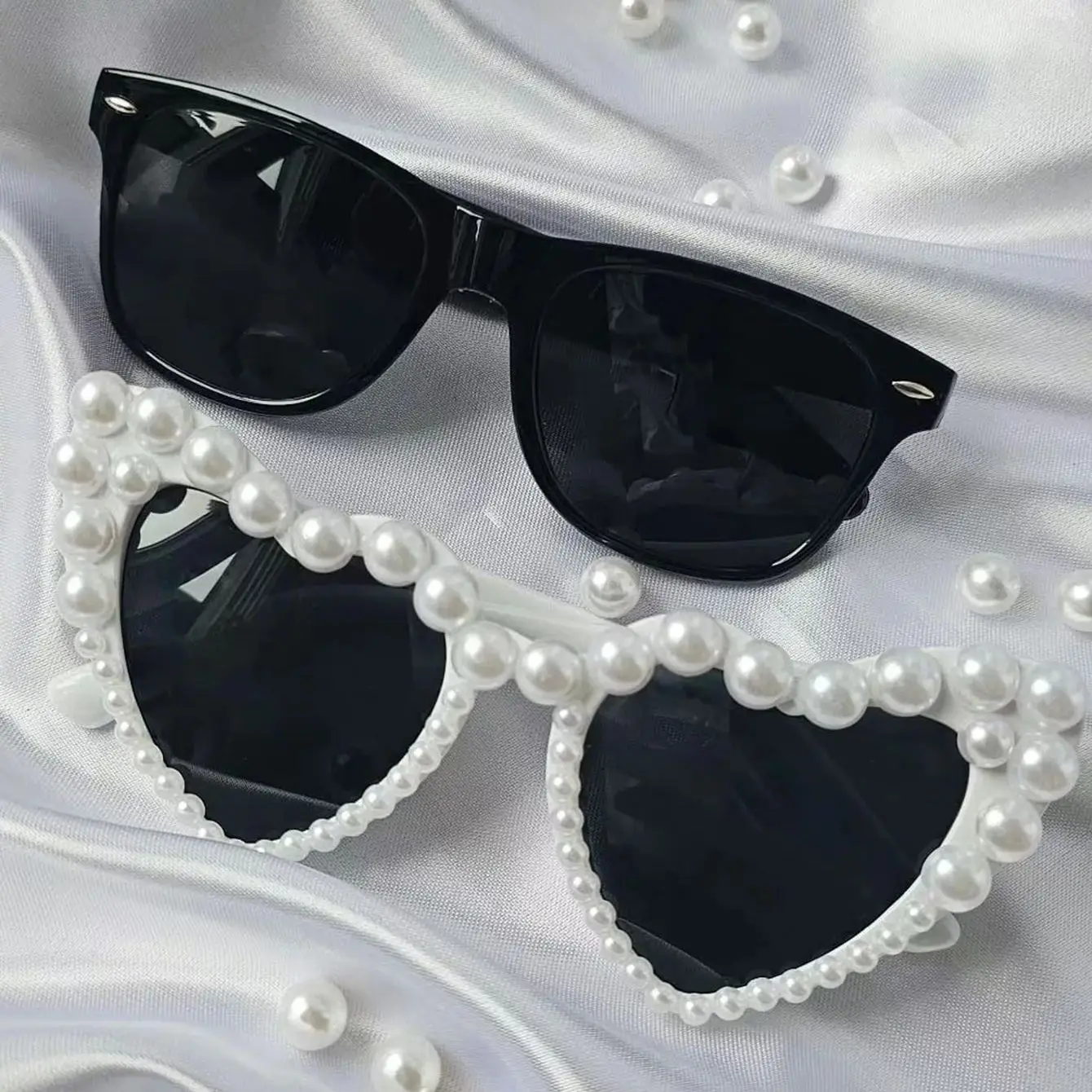 2PCS Pearl Decoration Love Large Frame Y2K retro Style Prom Wedding Party Couple Sunglasses Combination for Men and Women