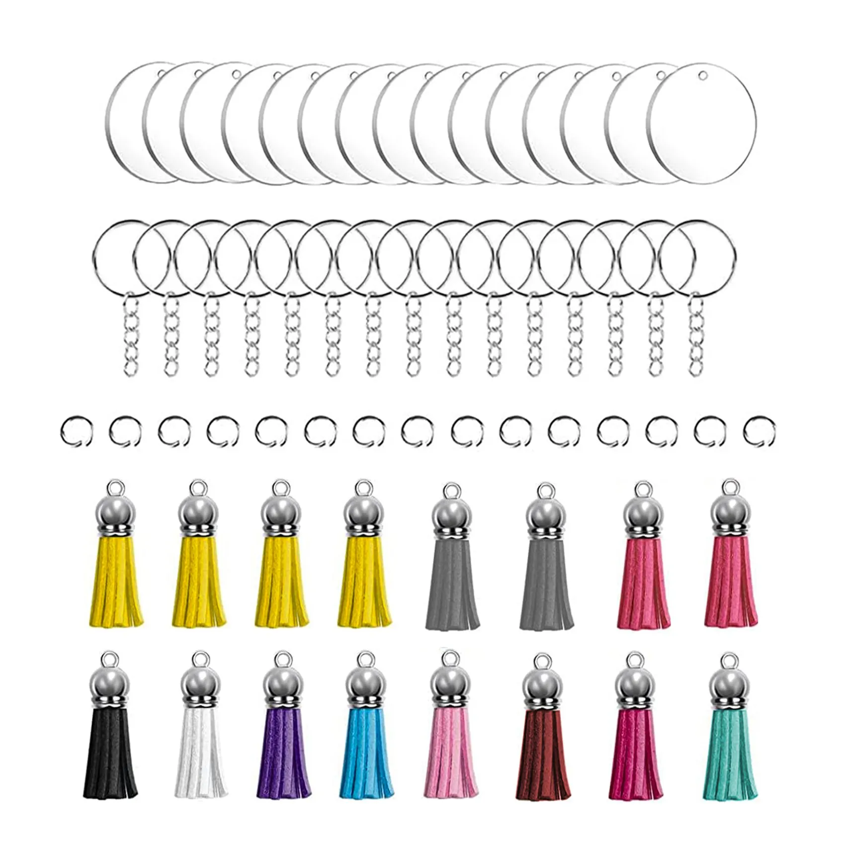 64 Pcs Acrylic Transparent Discs Blank Keychains Circle Key Chains and Tassel Pendant Keyring for DIY Project and Crafts