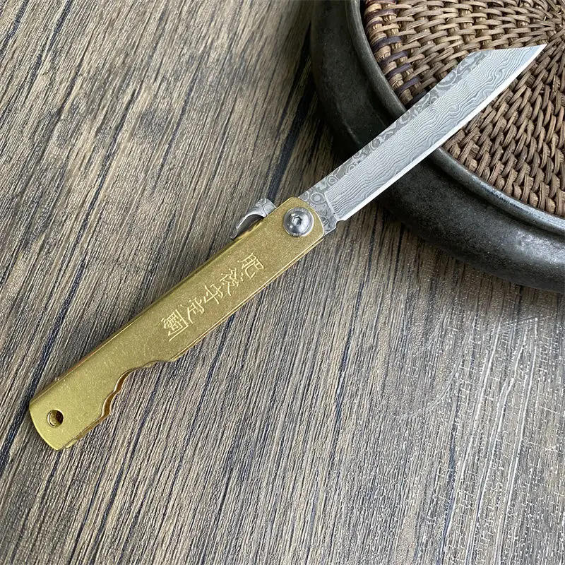 mini utility knife damasco blade brass handle tactical militar swiss army knife damaskus avci bicagi faca de caca higonokami 01