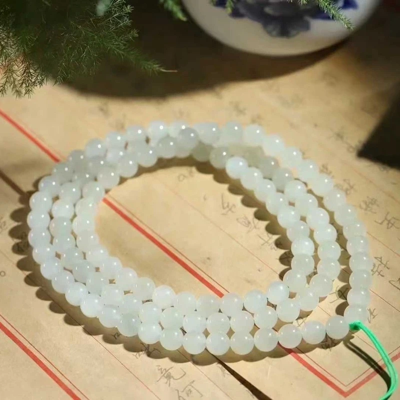 

Natural Hotan Jade Necklace, Qinghai , Old Material,, -loop 108 Bead Chain, Multi-use Wome