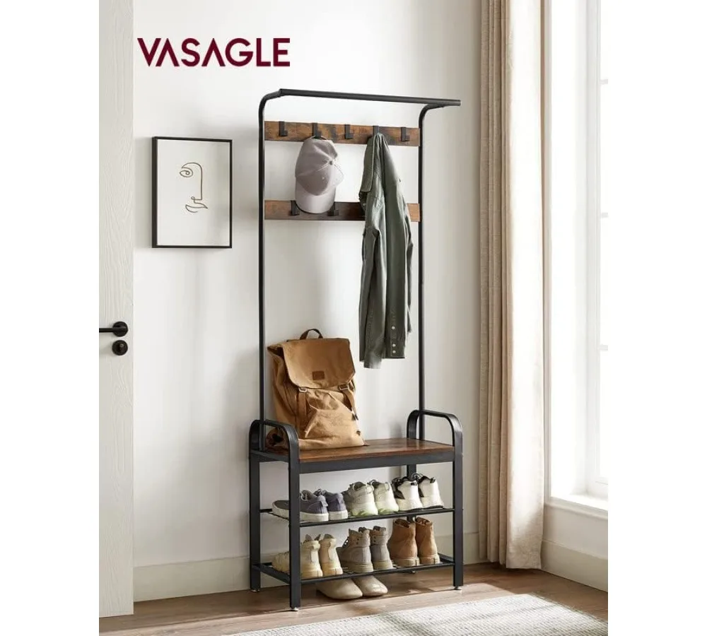 شجرة قاعة المدخل 4 في 1 مع مقعد أحذية، رف معطف وتخزين، بني ريفي وأسود، سهلة التجميع #2