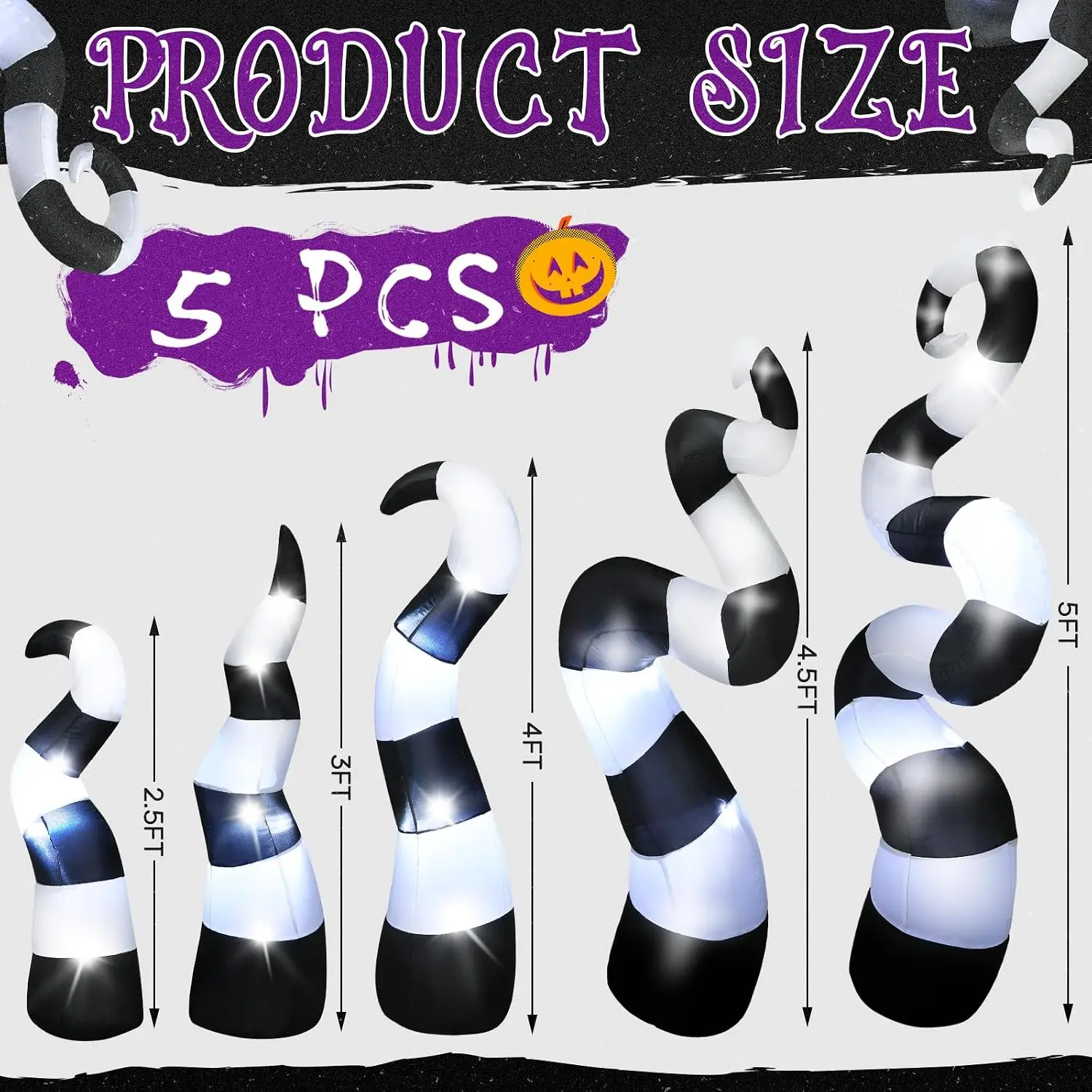 5 Pack 5 ft Halloween Inflatable Giant Striped Desert Worm with Built-in LED, Bursting out of Window, Blow Up Decor for Halloween Window Decoration Outdoor Yard Lawn Garden Holiday Party