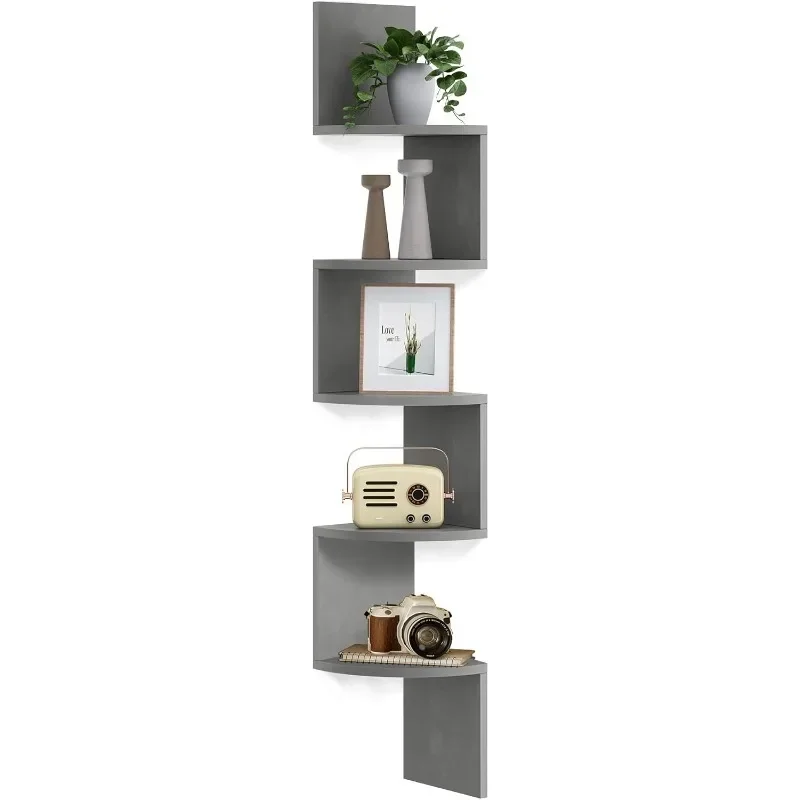 Corner Shelf Wall Mount, 5-Tier Floating Bookshelf, Plant for Bedroom, Living Room, Bathroom, Home Office, Gray