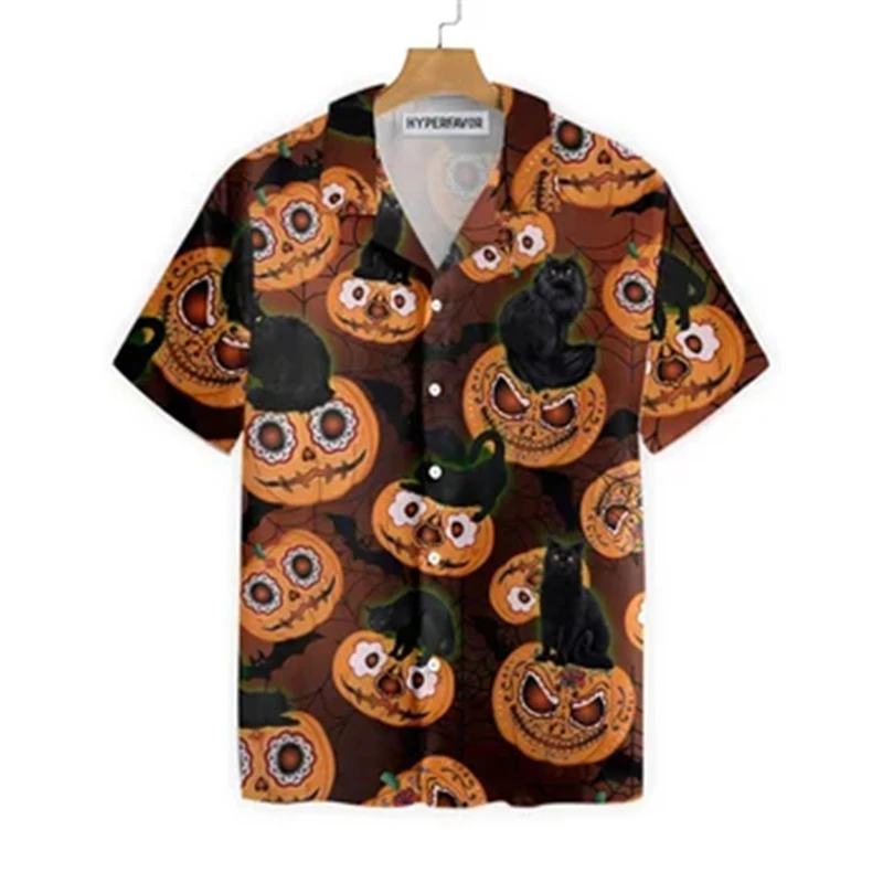 2024 Men's Pumpkin Head Print Shirt Halloween Party Costume Hawaiian Short Sleeve Street Casual Fashion Shirt Horror Style