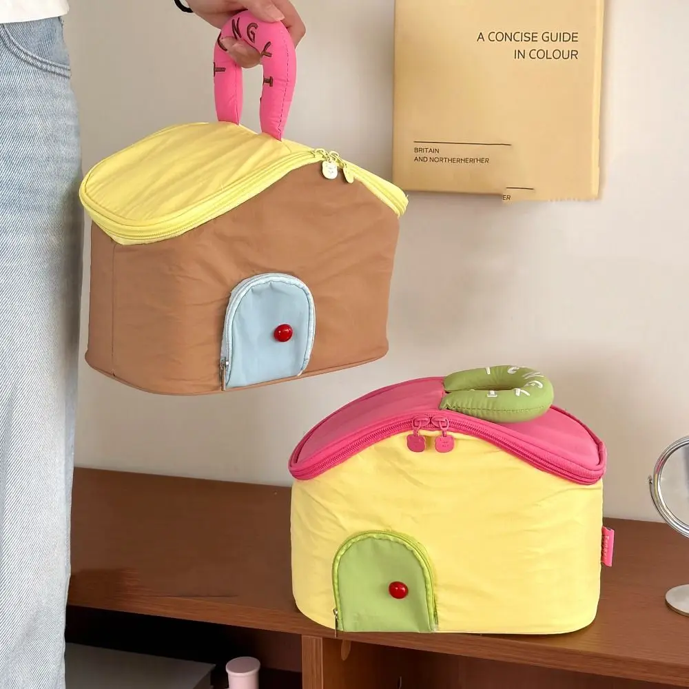 Waterproof Handheld Makeup Bag Nylon Cartoon House Shape Cosmetic Bag Multifunctional Clutch Bag Skincare Storage Bag Outdoor