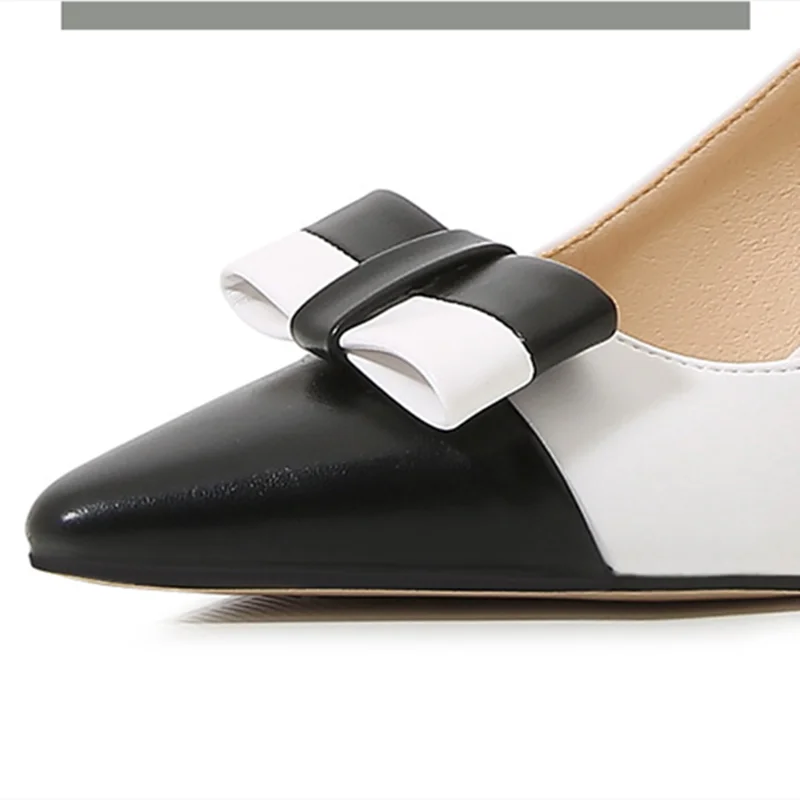 Women Newest Sweet Black And White Thick High Heels Shoes Pumps Big Bow Stilettos Pointy Toe Slip-On 35-46 28cm 7.5cm Chaussures