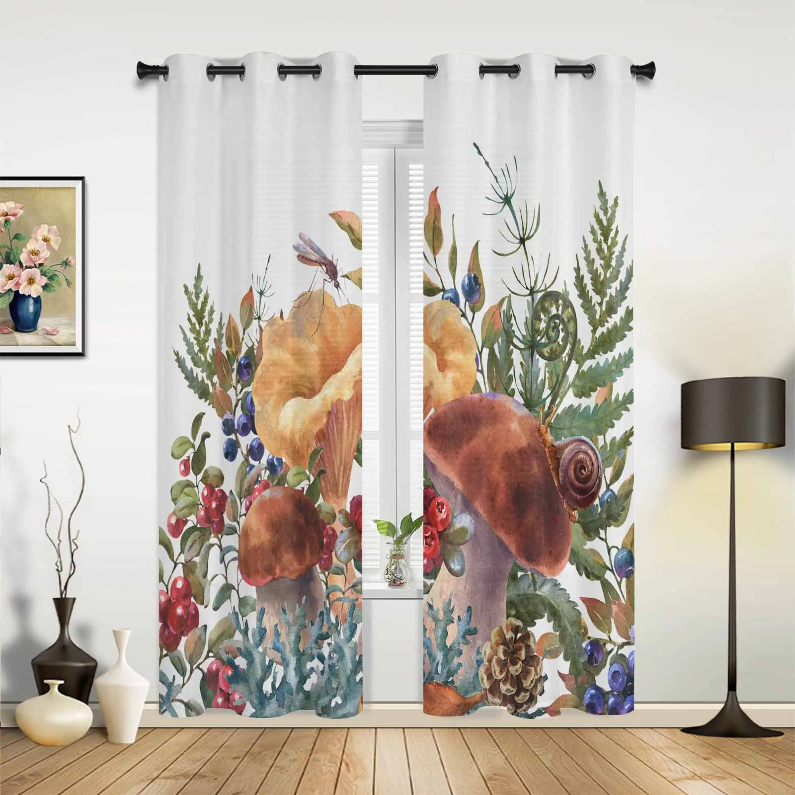 Retro Mushroom Fern Plant Fruit Pine Cone Autumn Modern Hall Curtains for Living Room Bedroom Window Curtains Hotel Drapes