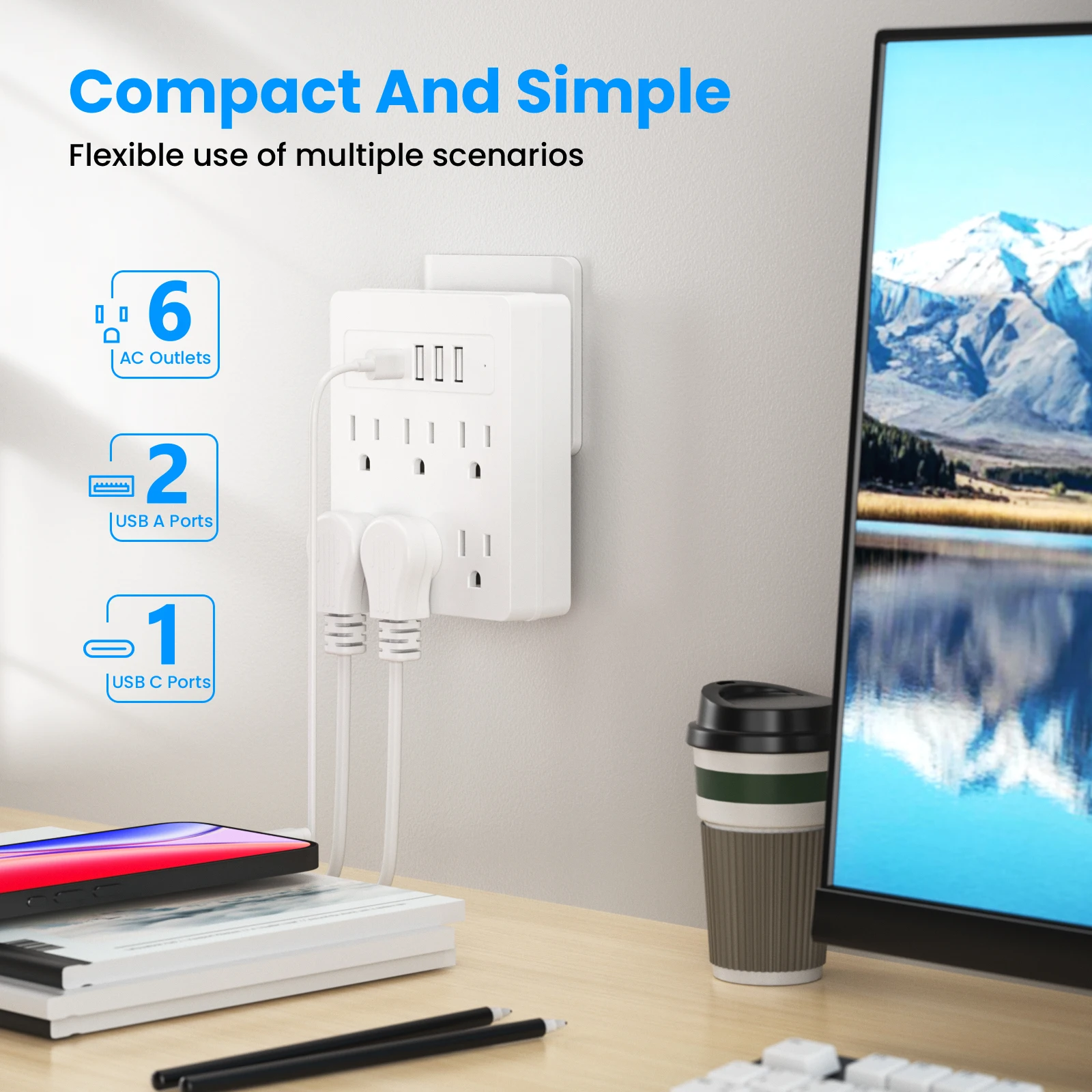 

6 удлинителей переменного тока, 3 порта USB, 1 порт быстрой зарядки USB-C. Устройство защиты от перенапряжения удлинителя обеспечивает защита от перегрузки для дома.