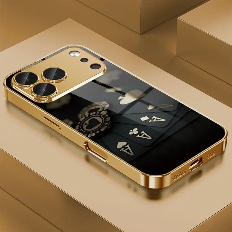 

Black Card Gold Symbol Pattern Gold Metallic Paint Glass Phone Case For iPhone 17 Pro Max 11 12 13 14 15 16 Plus 17Air 16E Cover
