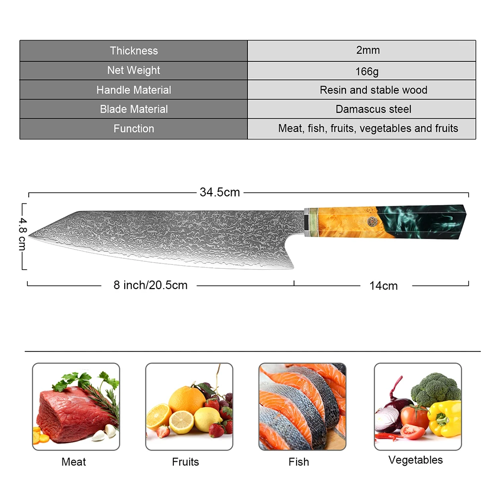 Japanese Kiritsuke Chef Knife 8 inch VG-10 Japanese Damascus Steel Kitchen Cooking Knife Professional Sashimi Sushi Knife