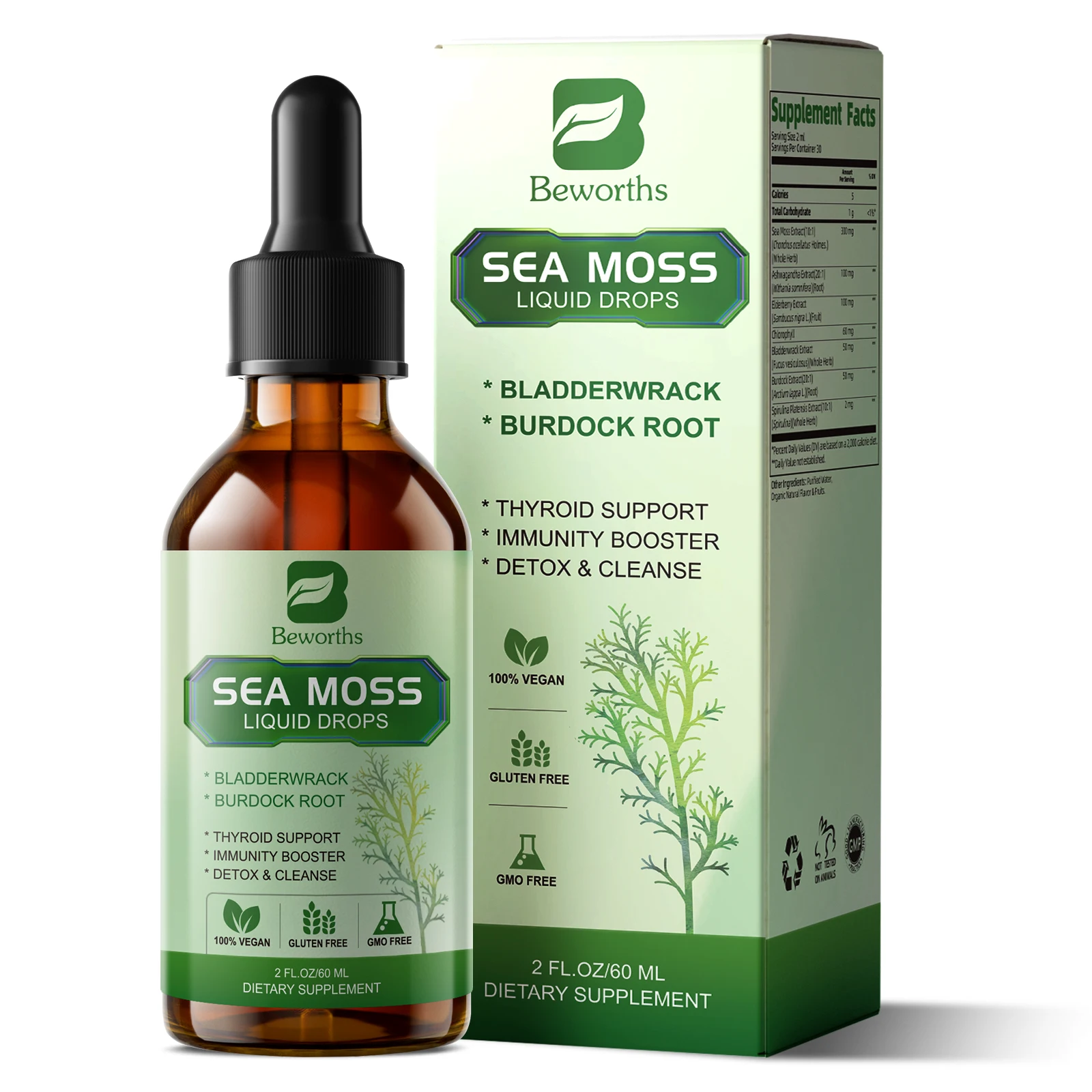 BEWORTHS Organic Seamoss Drops with Burdock Root and Spirulina Support Immunity and Gut Health, Help Digestion Weight Management