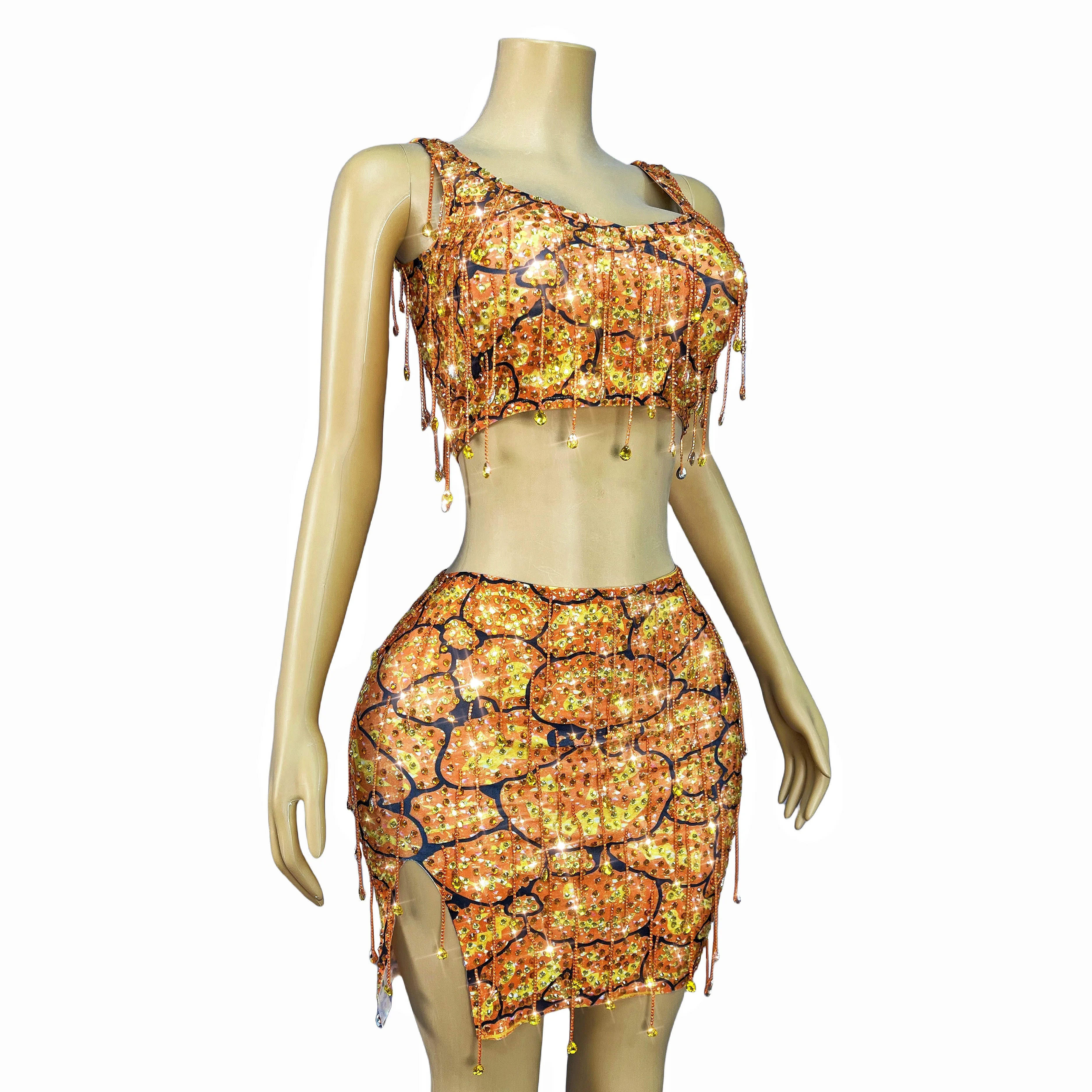 أكمام البرتقال الراين هامش أعلى تنورة مساء بلينغ بلورات سلاسل عيد ميلاد مثير مشرقة الزي مجموعة Nanguatou